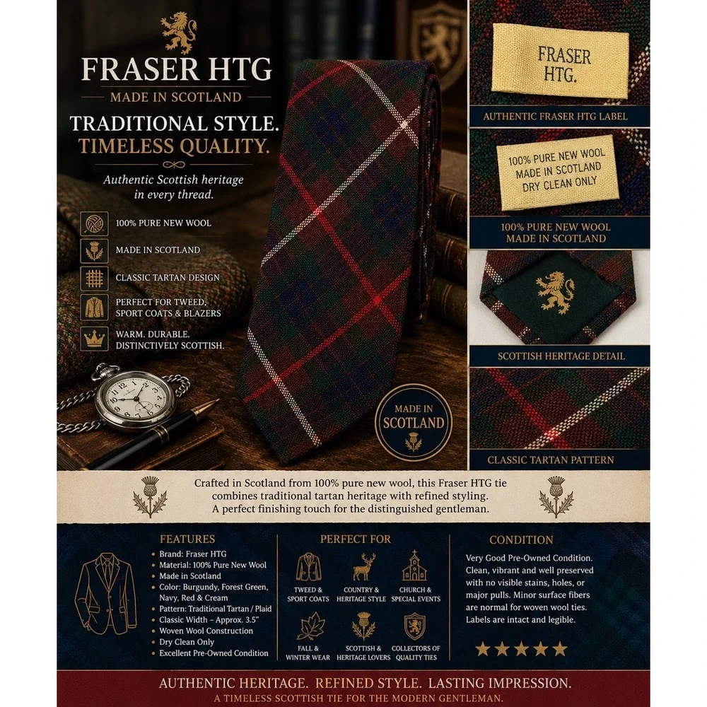 Fraser HTG Scottish Tartan Plaid 100% Pure New Wool Necktie Made in Scotland